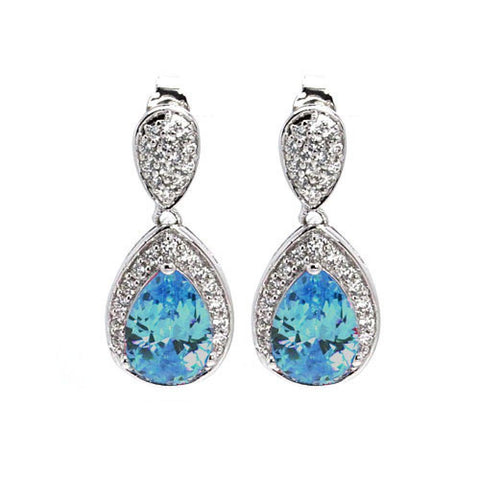 Sterling Silver Nickel Free Rhodium Plated Blue Teardrop And Clear CZ  Dangling Stud Earring