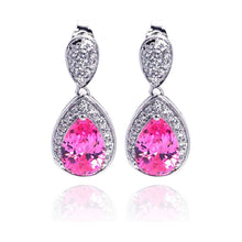 Load image into Gallery viewer, Sterling Silver Nickel Free Rhodium Plated Pink Teardrop And Clear CZ Dangling Stud Earrings