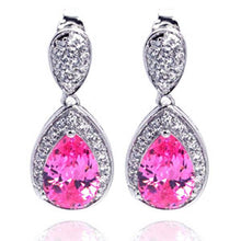 Load image into Gallery viewer, Sterling Silver Fancy Pear Shaped Cut Pink Cz with Paved Halo Setting Dangle Stud Earring