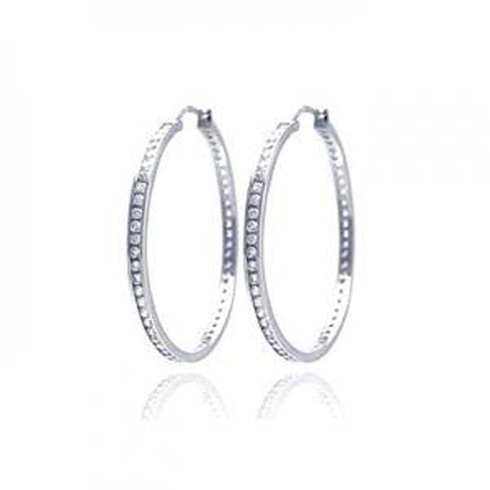 Sterling Silver Nickel Free Rhodium Plated Round Shape Hoop Earrings With CZ Stones