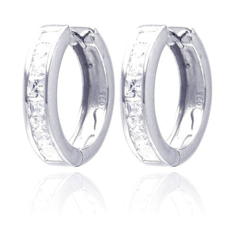 Sterling Silver Nickel Free Rhodium Plated Round Shape Hoop Earrings With CZ Stones