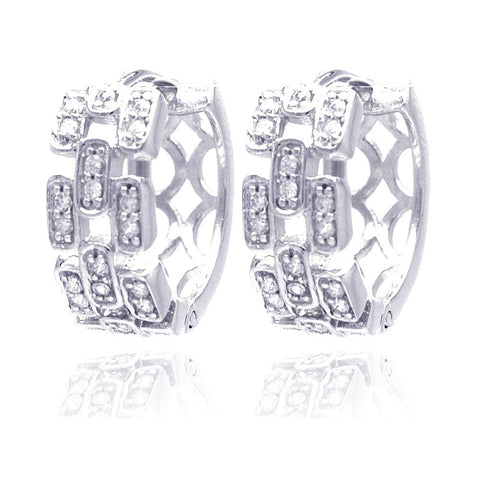 Sterling Silver Rhodium Plated Chain Link Design Baguette Alternated  Clear CZ Hoop Earring