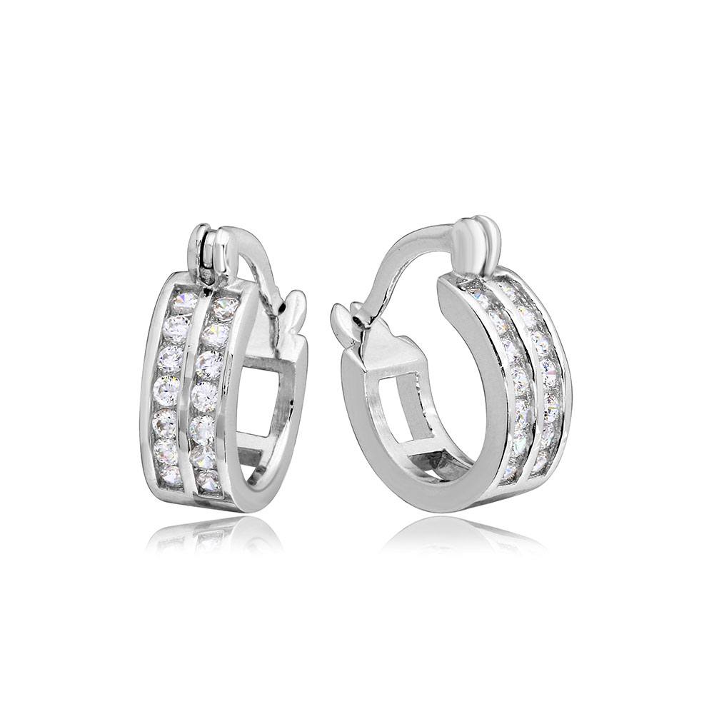 Sterling Silver Rhodium Plated Three Row Huggie Earrings With CZ Stones