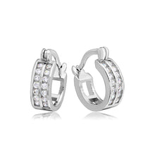 Load image into Gallery viewer, Sterling Silver Rhodium Plated Three Row Huggie Earrings With CZ Stones