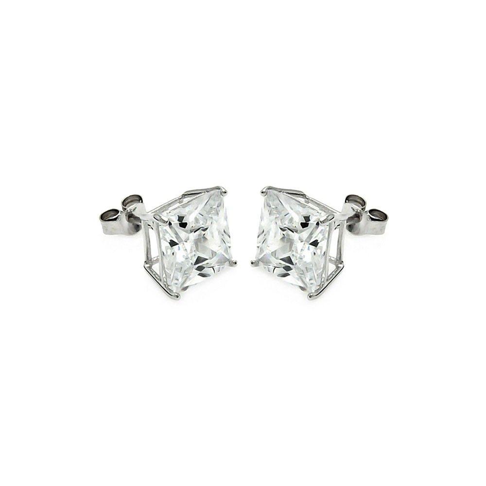 Sterling Silver Nickel Free Rhodium Plated Square Shaped Stud Earring With Clear CZ Stone