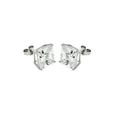 Sterling Silver Nickel Free Rhodium Plated Square Shaped Stud Earring With Clear CZ Stone