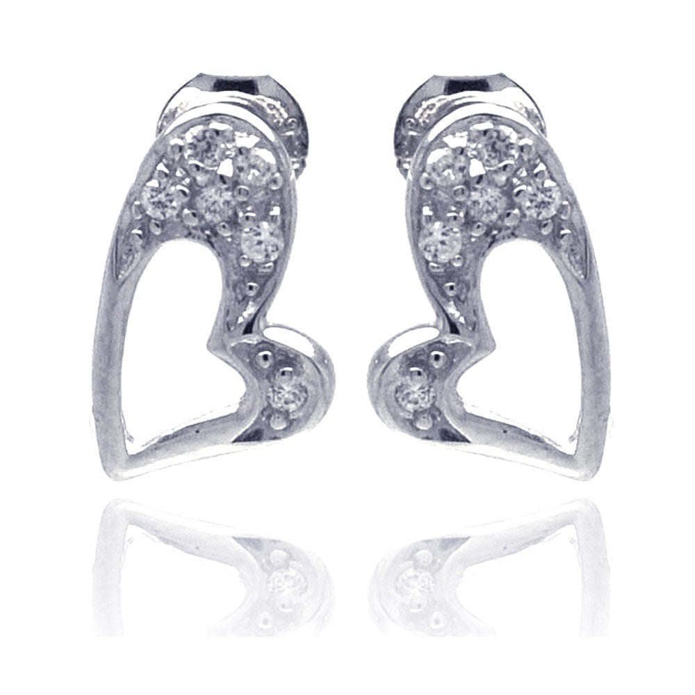 Sterling Silver Nickel Free Rhodium Plated Heart Shape Stud Earrings With CZ Stones
