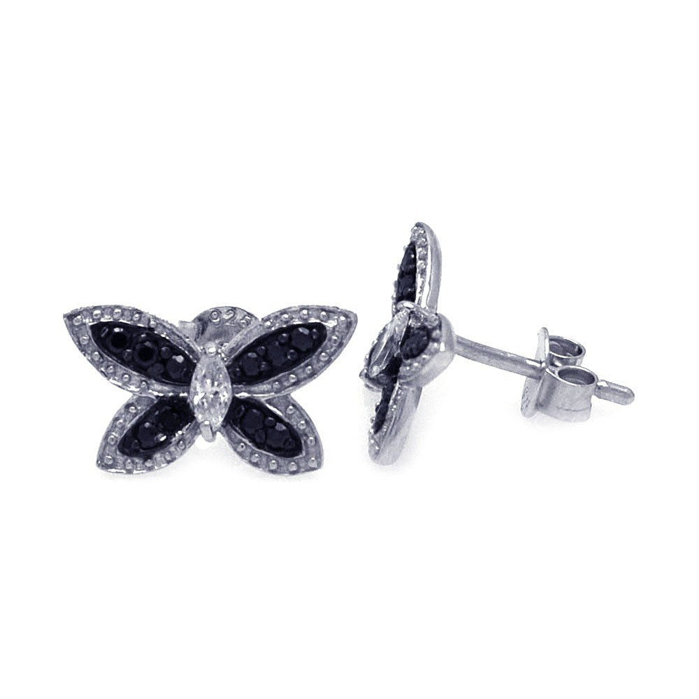 Sterling Silver Black And Silver Rhodium Plated Butterfly Shaped  Stud Earrings With Black And Clear CZ Stones