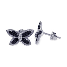 Load image into Gallery viewer, Sterling Silver Black And Silver Rhodium Plated Butterfly Shaped  Stud Earrings With Black And Clear CZ Stones