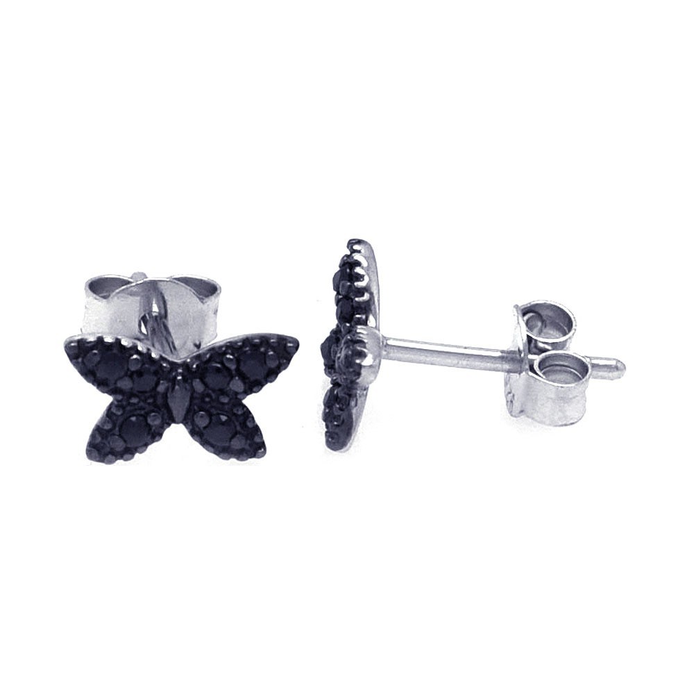 Sterling Silver Nickel Free Rhodium Plated Butterfly Shaped  Post Earring With Black CZ