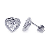 Sterling Silver Nickel Free Rhodium Plated Three Clear Round CZ Heart Post Earrings