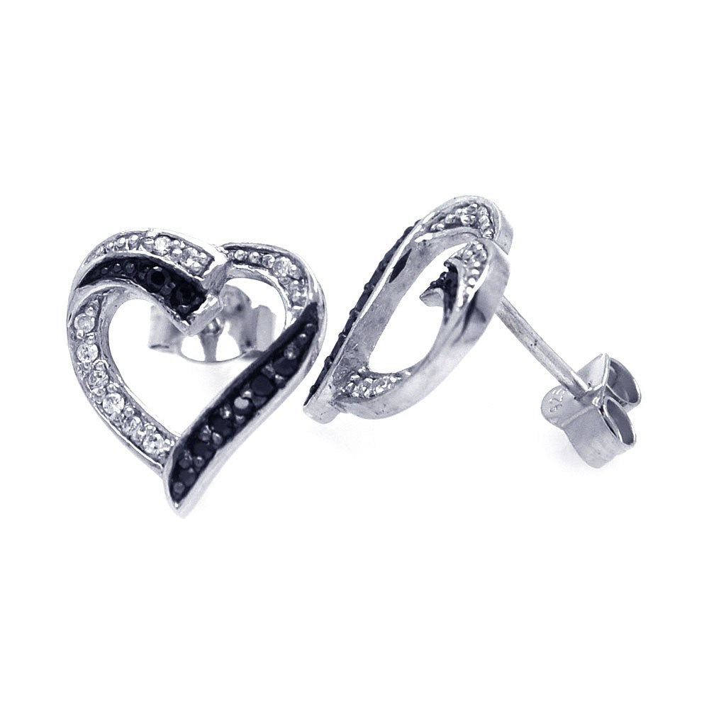 Sterling Silver Nickel Free Black And Rhodium Plated Round And Heart Post Earrings With CZ Stones