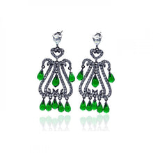 Load image into Gallery viewer, Sterling Silver Tribal Style with Heart DesignAnd Single Clear Cz and Hanging Multi Teardrop Green Czs Chandelier Dangle Stud Earring