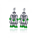 Sterling Silver Tribal Style with Heart DesignAnd Single Clear Cz and Hanging Multi Teardrop Green Czs Chandelier Dangle Stud Earring