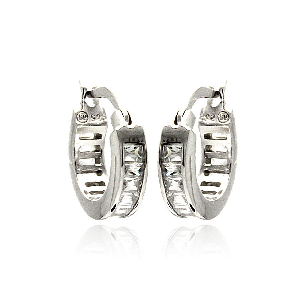 Sterling Silver Rhodium Plated Baguette  Hoop Earring With Clear CZ Stones