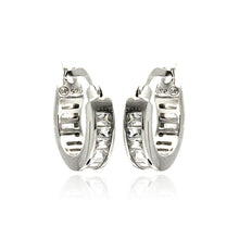 Load image into Gallery viewer, Sterling Silver Rhodium Plated Baguette  Hoop Earring With Clear CZ Stones