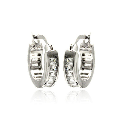 Sterling Silver Rhodium Plated Baguette  Hoop Earring With Clear CZ Stones
