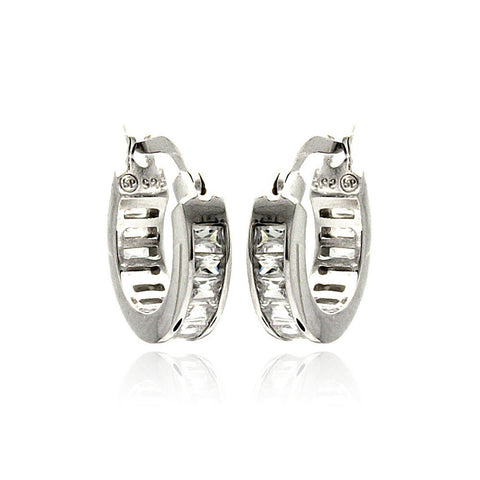 Sterling Silver Rhodium Plated Baguette  Hoop Earring With Clear CZ Stones