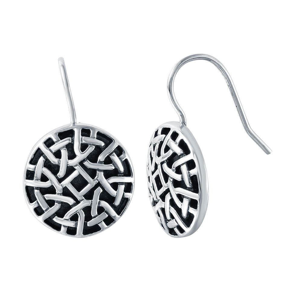 Sterling Silver Rhodium Plated Fancy Patterned Circle Hook Earring with Earring Dimensions of 15MMx15MM