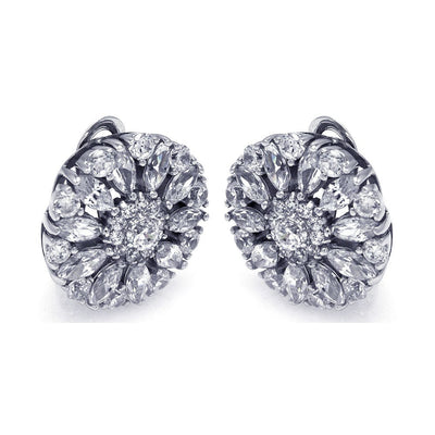 Sterling Silver Fancy Flower Cluster Clear Cz Design Clip-On Earring