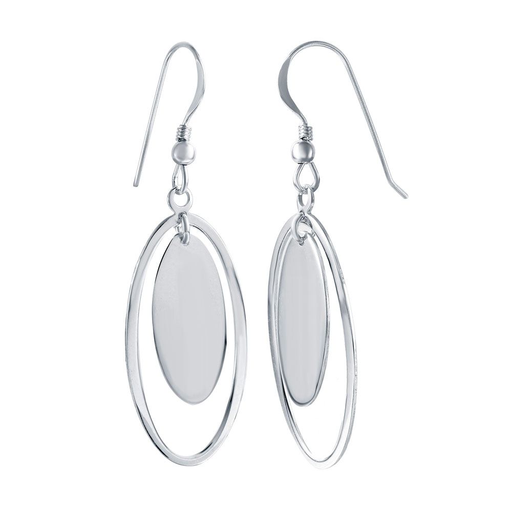 Sterling Silver Rhodium Plated Fancy Double Oval Dangle Hook Earring with Earring Dimensions of 34MMx15MM