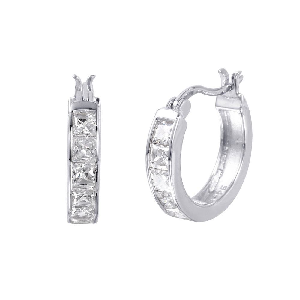 Sterling Silver Rhodium Plated Stylish Huggie Earrings Paved with Clear CZ StonesAnd Earring Dimensions of 18MMx4MM and Snap Post