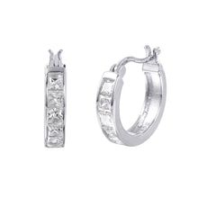 Load image into Gallery viewer, Sterling Silver Rhodium Plated Stylish Huggie Earrings Paved with Clear CZ StonesAnd Earring Dimensions of 18MMx4MM and Snap Post