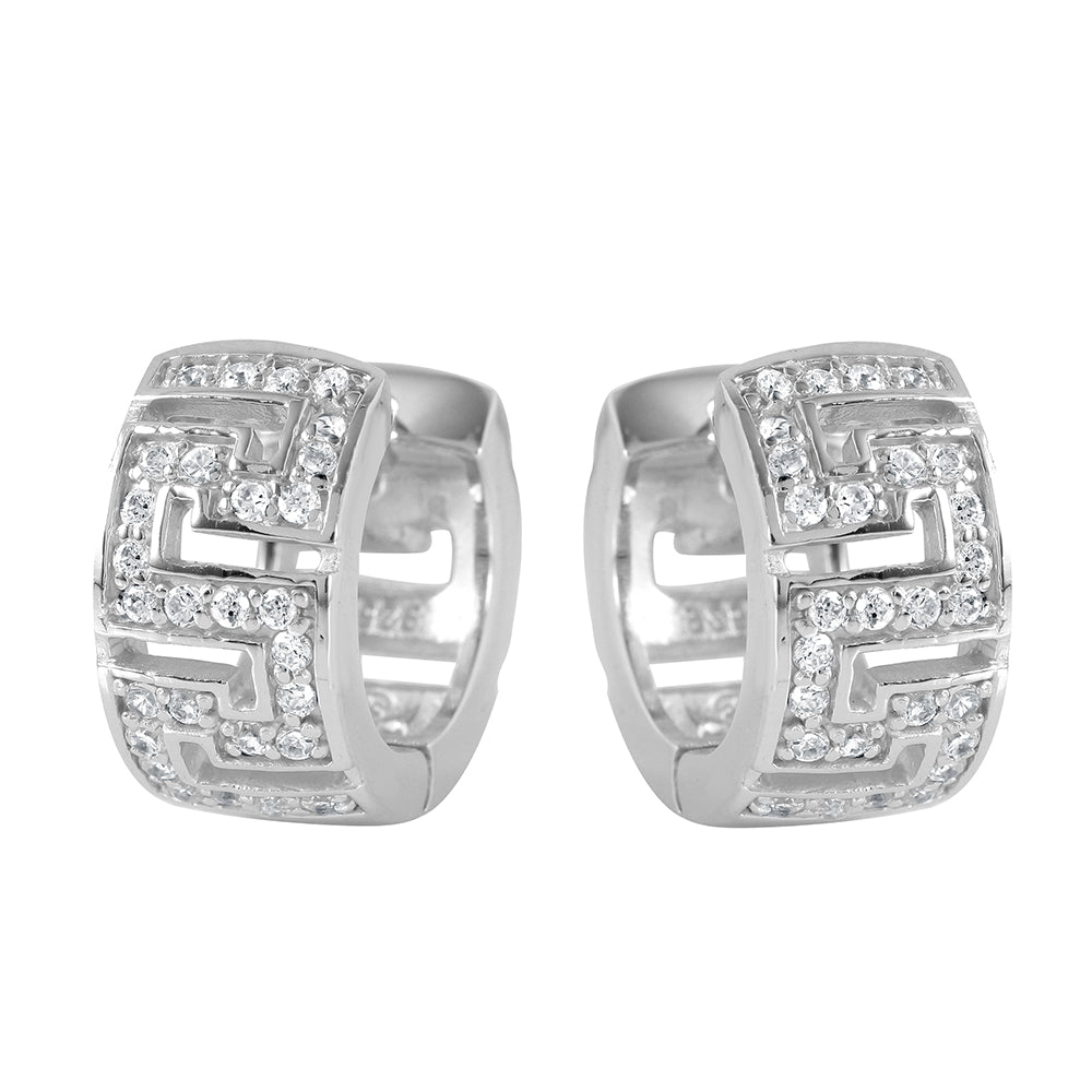 Sterling Silver Nickel Free Rhodium Plated Maze Shape Hoop Earring With CZ Stones