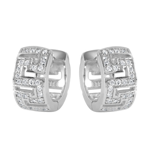 Sterling Silver Nickel Free Rhodium Plated Maze Shape Hoop Earring With CZ Stones