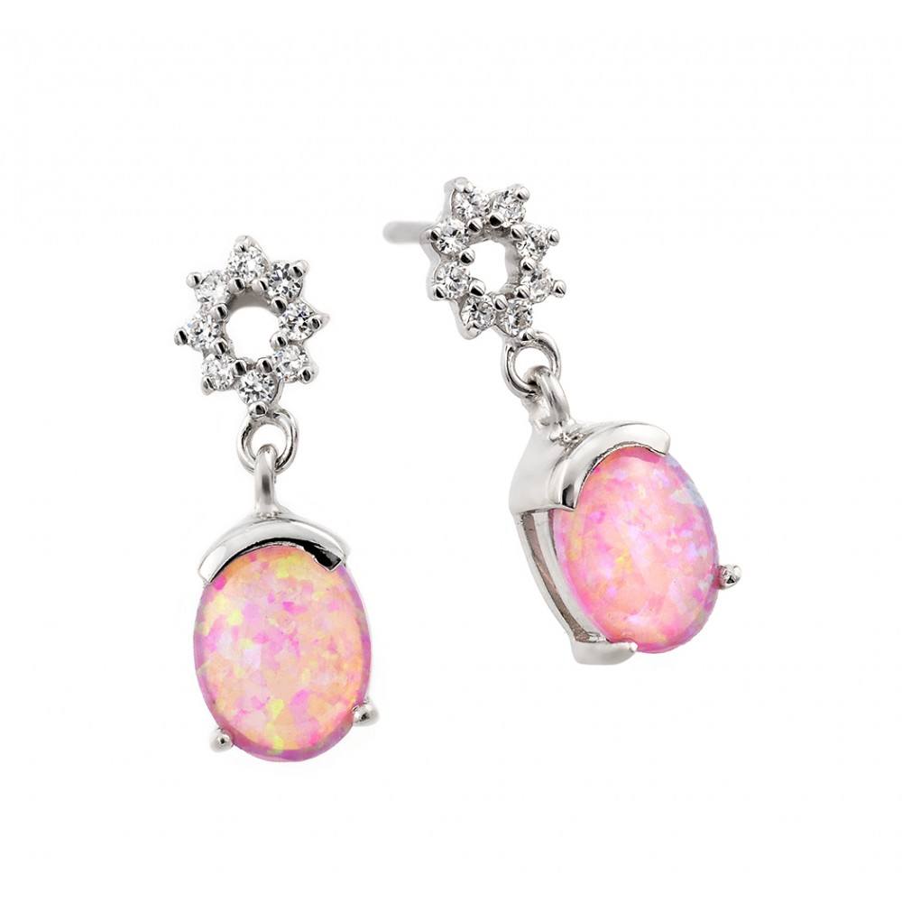 Fashionable Sterling Silver Dangling Earring With Oval Shaped Pink Opal Center Stone and Clear Czs with Dimensions of 20.3MM x 7MM