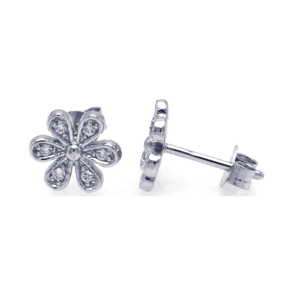 Sterling Silver Nickel Free Rhodium Plated Round Flower Shaped Post Earring With CZ Stones