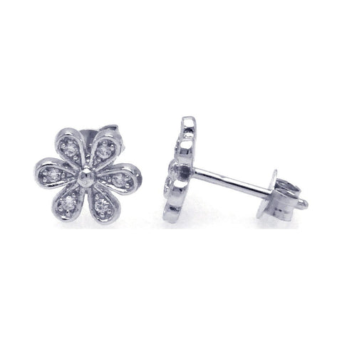 Sterling Silver Nickel Free Rhodium Plated Round Flower Shaped Post Earring With CZ Stones