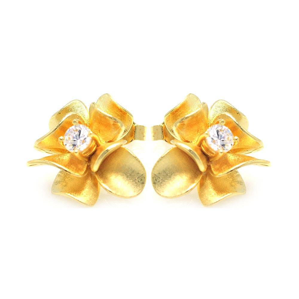 Sterling Silver Nickel Free Gold Rhodium Plated Flower Rund Shaped  Stud Earring With CZ Stone