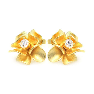 Sterling Silver Nickel Free Gold Rhodium Plated Flower Rund Shaped  Stud Earring With CZ Stone