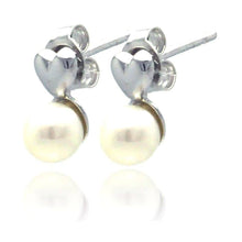 Load image into Gallery viewer, Sterling Silver Nickel Free Rhodium Plated Heart With Synthetic Pearl Stud Earring