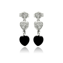 Load image into Gallery viewer, Sterling Silver Fancy Graduated Paved and Black Onyx Heart Design Dangle Stud EarringAnd Earring Height of 19.05MM