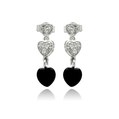Sterling Silver Fancy Graduated Paved and Black Onyx Heart Design Dangle Stud EarringAnd Earring Height of 19.05MM