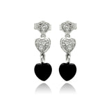 Sterling Silver Fancy Graduated Paved and Black Onyx Heart Design Dangle Stud EarringAnd Earring Height of 19.05MM