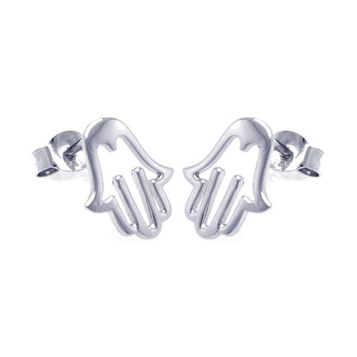 Sterling Silver Nickel Free High Polished Rhodium Plated Open Hand Shaped  Stud Earring