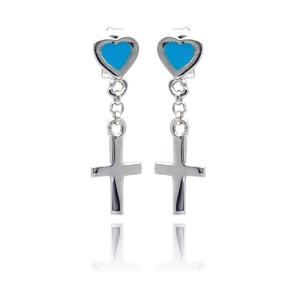 Sterling Silver Nickel Free Rhodium Plated And Enamel Heart With Cross Wire Dangling Earrings With CZ Stones