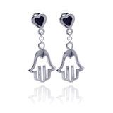 Sterling Silver Nickel Free Rhodium Plated And Enamel Black CZ Heart With Open Hand Wire Dangling Earrings