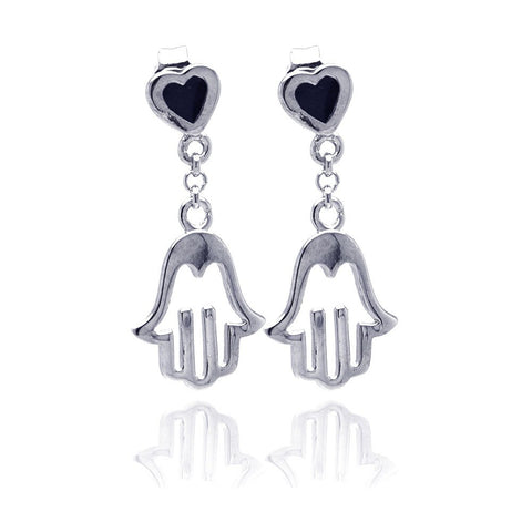 Sterling Silver Nickel Free Rhodium Plated And Enamel Black CZ Heart With Open Hand Wire Dangling Earrings