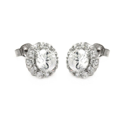 Sterling Silver Nickel Free Rhodium Plated Round Shape Stud Earrings With CZ Stones