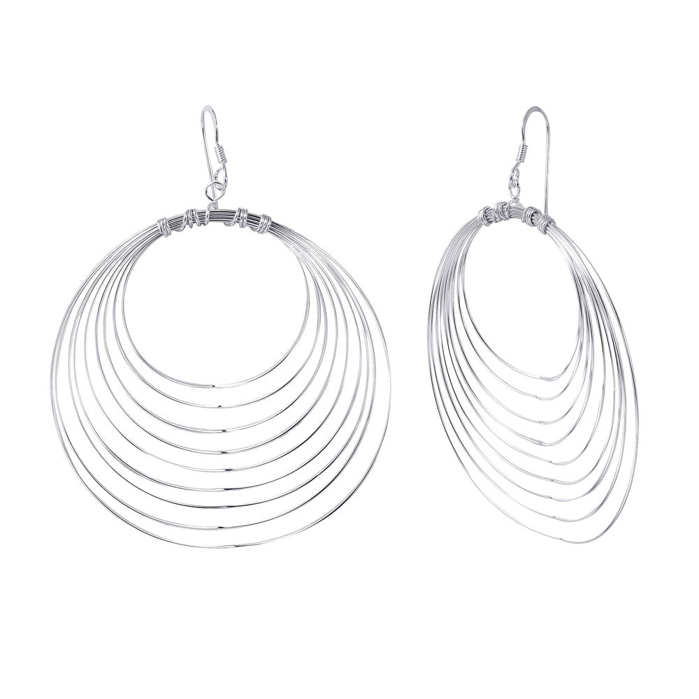 High Polished Sterling Silver Stylish Multi Wire Round Shaped Earrings with Earring Dimensions of 61MMx55MM