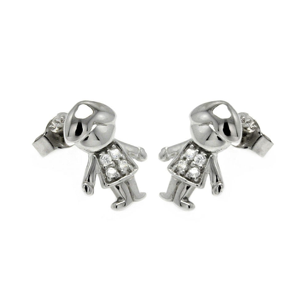 Sterling Silver Nickel Free Rhodium Plated Little Boy Shaped Stud Earring With CZ Stones