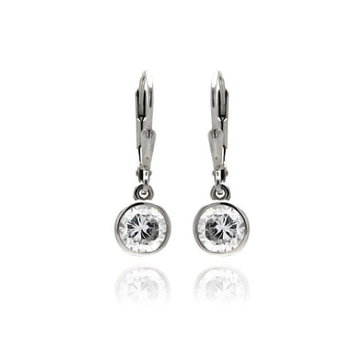 Sterling Silver Nickel Free Rhodium Plated Round Clear CZ Dangling Hook Earrings