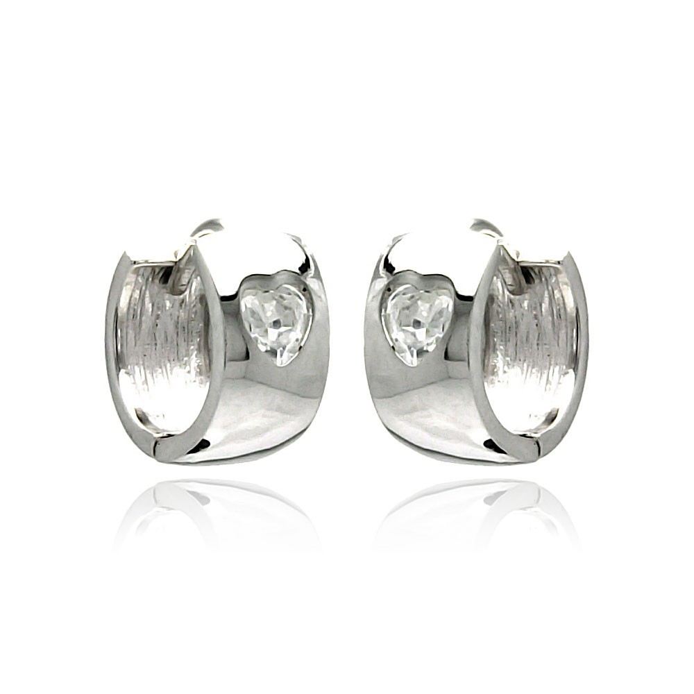 Sterling Silver Nickel Free Rhodium Plated Hear Clear CZ  Huggie Earrings
