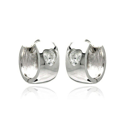 Sterling Silver Nickel Free Rhodium Plated Hear Clear CZ  Huggie Earrings