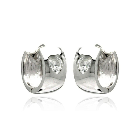 Sterling Silver Nickel Free Rhodium Plated Hear Clear CZ  Huggie Earrings