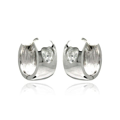 Sterling Silver Nickel Free Rhodium Plated Hear Clear CZ  Huggie Earrings